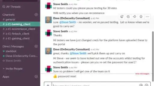 Clients chatting with pentestesters via Slack