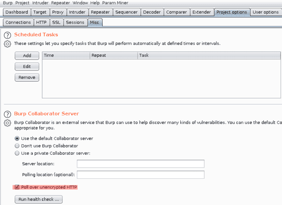 Screengrab of Burp Collaborator showing settings to poll over HTTP